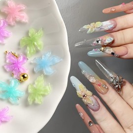Summer Flower Nail Charms 3D Hibiscus Flowers for Nails Gems Spring Nail Jewelry with Rhinestones Acrylic Nail Art Color Ice Lily Floral Charms for Women Manicure Nail Decoration DIY Crafts