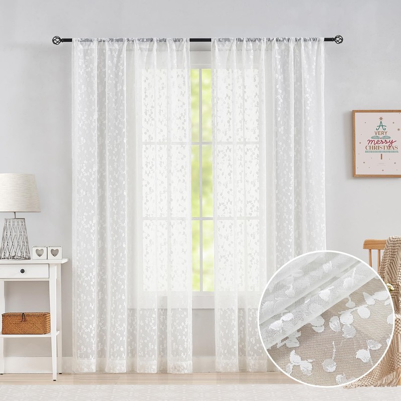 Jubilantex White Lace Sheer Curtains Embroidered Leaf Buds 95 Inches