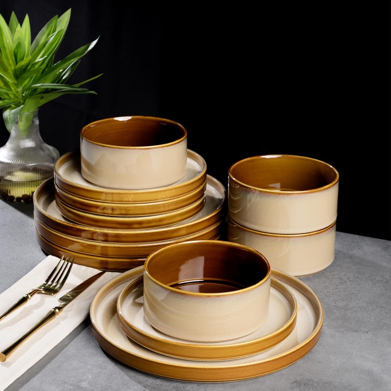 LERATIO Ceramic Dinnerware Sets for 4,Round Reactive Glaze Ceramic Plates