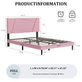IOILORI Full Size Bed Frame, Full Platform Bed Frame with Velvet Upholstered Headboard, Geometric, Sturdy Frame and Wooden Slats, Noiseless, No Box Spring Required, Easy to Assemble，Pink