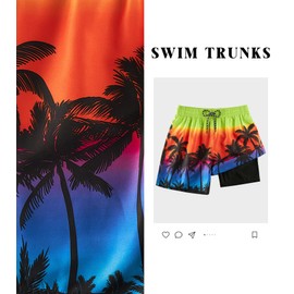 Cozople Swim Trunks for Men Hawaii Sunset Print Swim Shorts Elastic Waistband Board Shorts with Compression Liner for Vacation