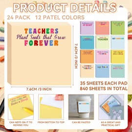 Motipuns 24 Pcs Back to School Gifts Teacher Appreciation Gifts Bulk Inspirational Teachers Sticky Notes Mini Pocket Motivational Notepads for School Office Supplies 3 x 3''(Pastel,Plain,Teacher)