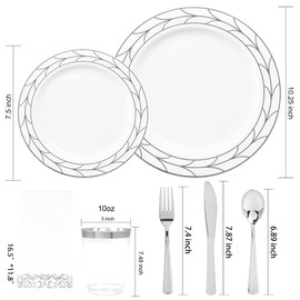 COLOSUS 175pcs White silver Plastic Plates, Disposable Party Plates set, Plastic Dinnerware Include 50P lates,25 Cups, 25 Forks, 25 Knives, 25 Spoons, 25Napkins for Wedding Birthday Party Dinner