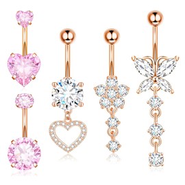 Yamobi 5 Piece Belly Button Piercing Set, Gold Titanium Belly Button Rings with Cubic Zirconia, Heart and Butterfly Design, Belly Button Jewellery in Various Styles, multicoloured