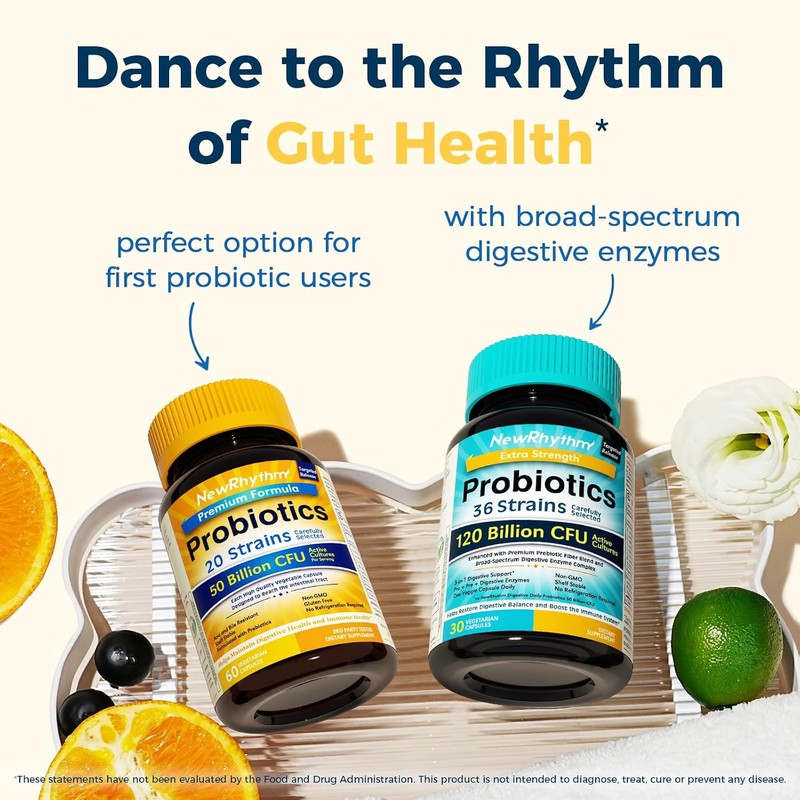 NewRhythm Probiotics 50 Billion CFU 20 Strains, 120 Veggie Capsules,
