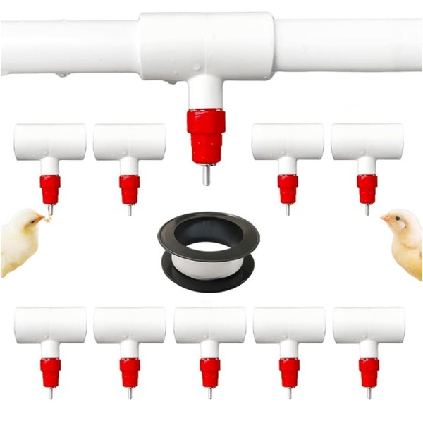 10 Pack Chicken Waterer Nipples & PVC Tee Fittings for