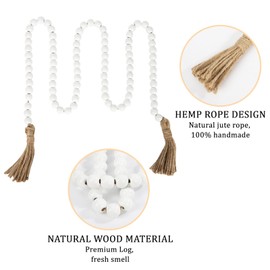 QIAHMNYE Wood Beads Garland with Tassel Rustic Country Decor Prayer Boho Wooden Beads String for Morden Wall Hanging Decor-White
