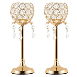 Kehail Set of 3 Gold Crystal Tea Light Candlestick Holders Flower Shape with Crystal Pendant Bowl Votive Metal Candle Holder for Table Centerpieces Wedding Home Decor (Set of 2 high, Gold)