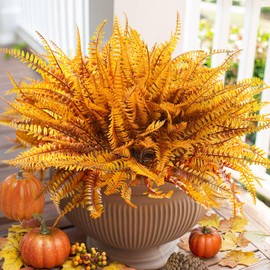 HyeFlora Artificial Fake Fall Autumn Boston Ferns Plants for Outdoor Outside, 10 Bundles Faux Silk Orange Fern Shurb UV Resistant Realistic for Front Door Porch Patio Yard Planter