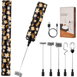 Milk Frother Handheld Rechargeable - 2-Speed Electric Whisk with 5 Detachable Heads (Frother/Mixer/Whisk) for Coffee, Latte, Cappuccino & Matcha, Drink Mixer (Flower 13)