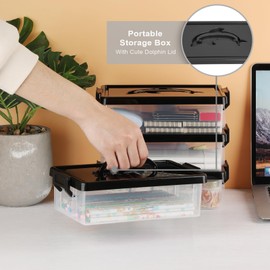 BTSKY NEW UPDRADED Dolphin Pencil Boxes- 4 Pack Extra Large Pencil Box with Bright Color Dolphin Lid&Handle, Stackable Translucent Clear Pencil Box Easy Carry Office Supplies Storage Organizer Black