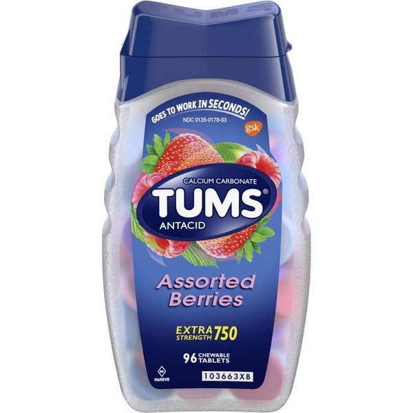 Tums Antacid/Calcium Supplement, Extra Strength 750, Chewable Tablets, Assorted Berries 96 tablets by TUMS (Original Version)