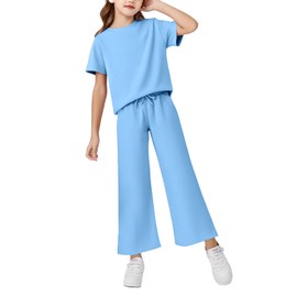 Girls Workout Outfits Short Sleeve Tees and Pants With Pockets Lightweight and Breathable Kids Two Piece Gym Sets(Blue,130)