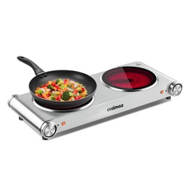 Double Burner, CUSIMAX Electric Burner 1800W Ceramic Hot Plate for Cooking, Glass Plate Infrared Burner, Portable Dual Control Electric Cooktop, Stainless Steel-Upgraded Version