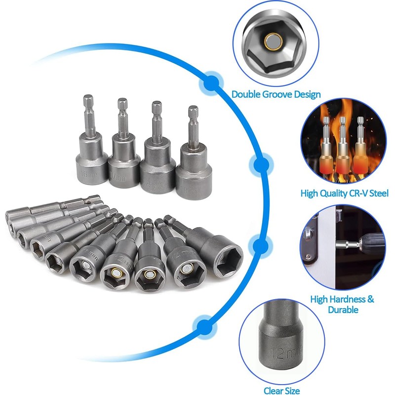 Set of 14 Magnets Hexagonal Socket, 6-19 mm Socket Wrench,