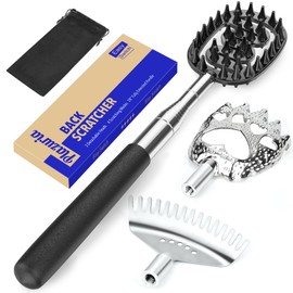 Plazuria Oversized Back Scratcher with 3 Detachable Heads, Stocking Stuffer for Men & Women, Extendable 30" Handle with Spikes, Rake & Bear Claw Heads (Classic Black)