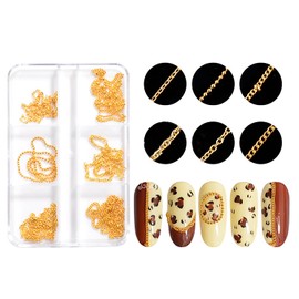 JERCLITY 1 Box 6 Strips Nail Chains for Nail Art Gold Alloy Metal Nail Art Chains Gold Nail Charms Punk Nail Studs Gold Caviar Beads Chain Jewelry Accessories for Women Nail Art