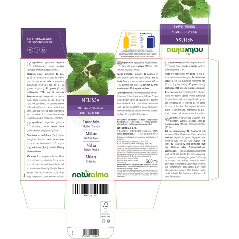 Lemon Balm (Melissa officinalis) Leaves Alcohol-Free Mother Tincture Naturalma |