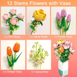 EMANNON Flowers Bouquet Building Set with Vase - 1011 PCS Bricks Blocks Toy for Adults & Kids, Tulips & Roses Artificial Flowers Botanical Collection, Gifts for Christmas, Mother's Day