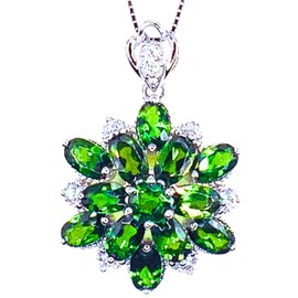 3.44 Chrome Diopside (Russian Emerald) Natural Gemstone Necklace, Razzberry Custom Design, 925 Sterling Silver, with velvet gift box