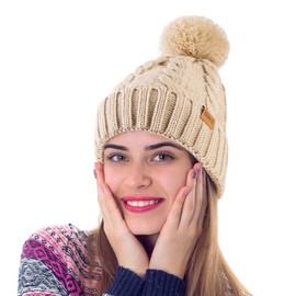 [REDESS] Women Winter Pom Pom Beanie Hat with Warm Fleece Lining, Thick Slouchy Snow Knit Skull Ski Hat, light pink