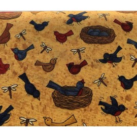 South Sea Imports Vtg "Small Friends" Bird Fabric By Teresa Kogut For SSI Navy Harvest Gold BTHY