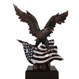 Ebros Large 14.5" Tall Wings of Glory Broad Winged Bald Eagle Perching On Star Spangled Banner American Flag Trophy Statue Bronze Electroplated Resin Figurine With Base USA Patriotic Home Office Decor