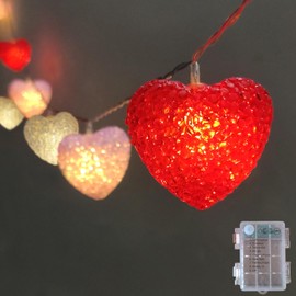 Valentine Heart String Lights 6.8Ft 10 LED Shatterproof Red White Pink Heart Shaped Light with Timer, Battery Operated Valentines Day Lights for Indoor Outdoor Bedroom Party Christmas Valentines Decor