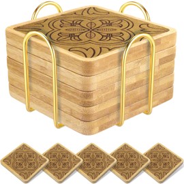 EDEGG Coasters for Drinks with Holder, Drink Coasters Set of 5, Square Drinks Coasters for Coffee Tabletop Protection, Non-Slip, Non-Stick, Suitable for Kinds of Cups, 4.1 Inches Brown