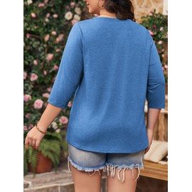 Tankaneo - Camisetas de manga 3/4 para mujer, tallas grandes, cuello en V, manga 3/4, Azul, XX-Large