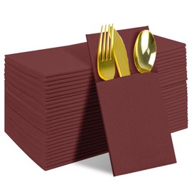 25 Person Disposable Burgundy Linen-Feel Dinner Napkins with Knife Fork Spoon,Built-in Flatware Pocket, Suitable for Party, Picnic, Wedding (Burgundy,Equipped with knives, forks, spoons)