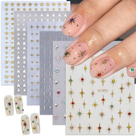 6 Sheets Shiny Star Nail Stickers for Nail Art 3D Glitter Gold Silver Star Luxury Rhinestones Nail Design Stickers Black White Starlight Nail Decals Star Stickers Nail Supplies for DIY French Manicure