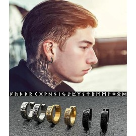 Men's Hypoallergenic Stainless Steel Norse Viking Huggie Hoop Earrings for women men,Titanium Steel Dainty Huggy Hoop Male Cartilage Viking Runes Carved Earrings,Unisex Unique Hooped Hug Earrings,