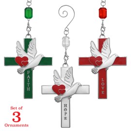 Faith, Hope and Love Cross Ornaments - White Doves & Red Hearts - Set of 3 - Red, Green or White Enameled Crosses - Gift-Storage Bag - 3" H