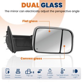 KUIPERAUTO Pair Chrome Power Heated Towing Mirrors Compatible for 2009-2018 Dodge Ram 1500 (19-24 Classic Only) Compatible for 2010-2018 2500 3500 LED Turn Signal White DRL