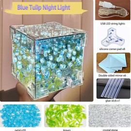 C&M LED Tulip Night Light, Decorative Table Lamp with Mirror, 21 Flowers, Handmade DIY Magic Cube Design (Blue)