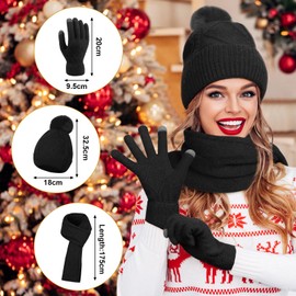 Figarge Women's Winter Hat Scarf Touchscreen Gloves Set with Thick Fleece Lined 3-in-1 Thermal Winter Hat Knitted Hat Beanie with Bobble Scarves and Touchscreen Gloves for Outdoor Sports, black