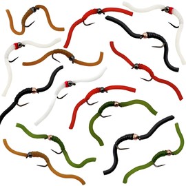 Thor Outdoor 15 Pc Squirmy Wormy Set, Assorted Size #12 - Barbless Wet Worm Fly Fishing Flies for Trout, Panfish, Bass