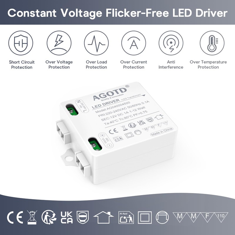 AGOTD LED Transformer 12 V 1 A 12 W Flicker-Free