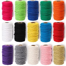 ZEAYEA 15 Rolls Macrame Cord, 3mm x 480 Yards Natural Cotton Macrame Rope, 4-Strand Twisted Soft Cotton Twine String Cord for Artworks, Wall Hanging, Plant Hangers, Crafts, Knitting, 15 Colors