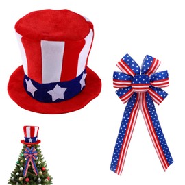 4th of July Tree Topper, Red White Blue Patriotic Christmas Tree Decoration with Hat & Bow for Memorial Festival Celebrations Supplies