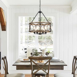 Farmhouse Chandelier for Dining Room Light Fixture 4-Light 17.71” Rustic Black and Brown Metal Wood Grain Round Pendant Kitchen Island Lighting Hanging Drum Chandelier for Entryway Foyer Living Room