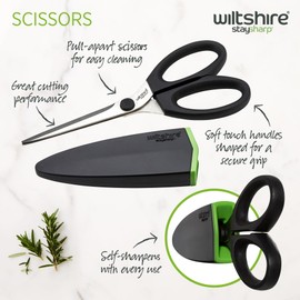 Wiltshire Staysharp Scissors, Kitchen Scissors with Built-in Sharpener, Keep Your Scissors Sharp at All Times, Slim Design Scabbard, Soft Touch Handles Easy Cleaning, Black, 10-Year Guarantee