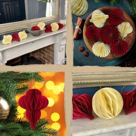 Premium Reusable Christmas Decorations - Christmas Tree Decorations / Xmas Home Decor - Paper Christmas Decorations Indoor, Vintage Christmas Decorations - Hanging Christmas Decorations (red, cream)