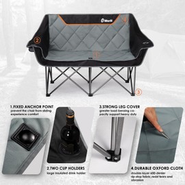 EMERIT Oversized Padded Camping Chair Double Duo Camping Chair Folding Camping Loveseat 2 Person Camping Couch Heavy Duty Lawn Chairs for Outside -Support 650LBS