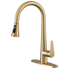 PUSU Brushed Gold Kitchen Faucet with Pull Down Sprayer, Single Handle Gold Kitchen Sink Faucet for RV Farmhouse Sink, Laundry, Bar Camper with Water Lines, Stainless Steel