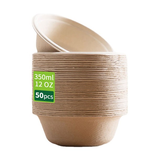 Meiontepor Pack of 50 Disposable Paper Bowls, Made of Bagasse Pulp, Biodegradable and Compostable, Eco-Friendly Disposable Bowls, Perfect for Party and Picnics (12 oz)