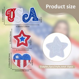 SUPERFINDINGS 15Pcs 3 Styles USA Sequins Patches Patriotic Iron on Stars Red White Blue Sequin Patches Fashion DIY Applique Decorative Patch Set for Clothes Jacket Bags Jeans Dress Backpacks