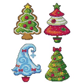 Kit de punto de cruz en lona de plástico con árboles de Navidad. 4 adornos de invierno de diferentes dimensiones 141CS. Excelente para aficionados al arte y manualidades