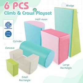 KOTEK 6-Piece Climb and Crawl Foam Play Set, Soft Play Foam Blocks to Climbing, Crawling, Sliding, Indoor Playground Activity Play Structure for Kids Baby Toddler (Pink+Green+Blue)